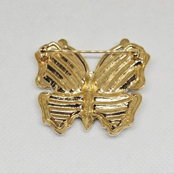 Purple Rhinestone Butterfly Brooch Gold Tone Crystal Statement Pin - Picture 8 of 10